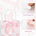 Linkidea 12 Pack Clear Gift Bags with Handles, Pink Ribbon Bows and Adhesive Dots, Gift Wrapping Bags for Party Favors, Weddings, Birthdays, Baby Showers and Celebrations