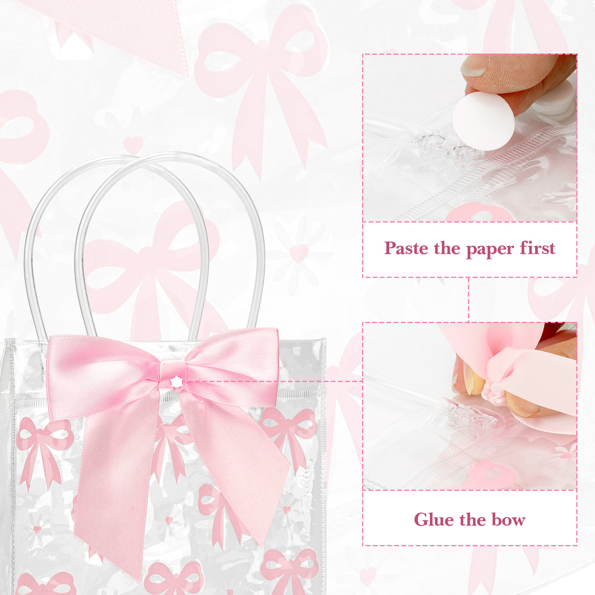 Linkidea 12 Pack Clear Gift Bags with Handles, Pink Ribbon Bows and Adhesive Dots, Gift Wrapping Bags for Party Favors, Weddings, Birthdays, Baby Showers and Celebrations