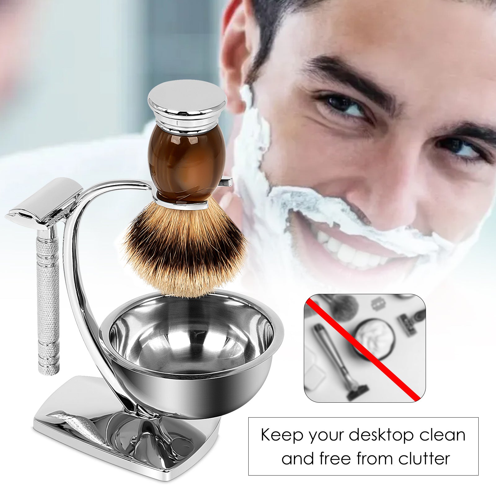 Linkidea Universal Safety Razor Brush Stand with Shaving Bowl, Men's Stainless Steel Grooming Holder and Soap Bowl for Bathroom, Compatible with Gillette Vector 3 (Silver)