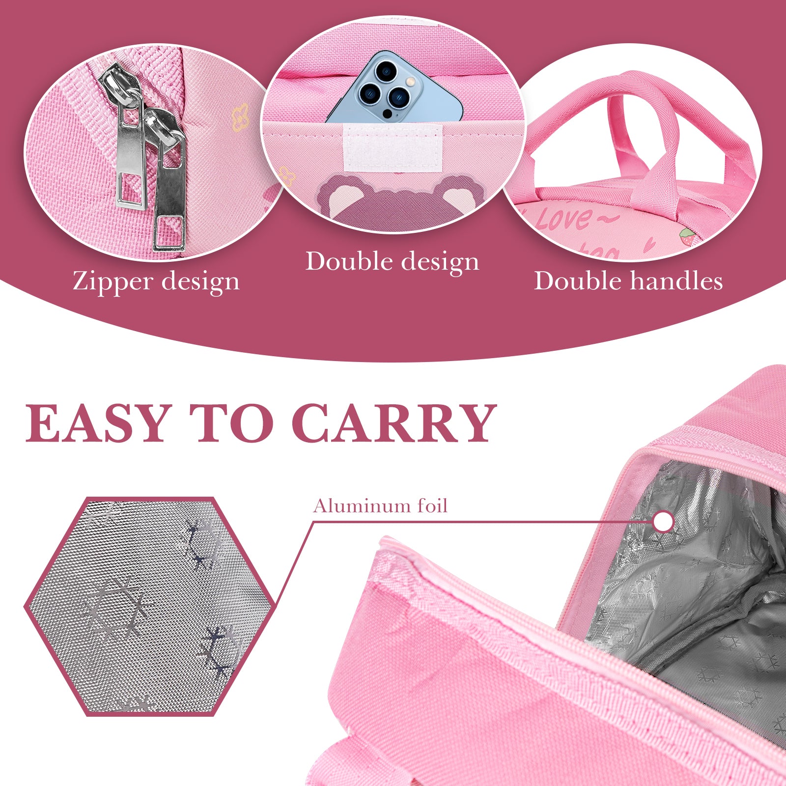 Linkidea Lunch Bag, Large Capacity Lunch Tote Bag with Hand Strap, Reusable Lunch Box Bag for Picnic, Outdoor, Compatible with B.Box, Sunhanny, Pedeco, QQKO, Xgxn Lunch Box (Pink)